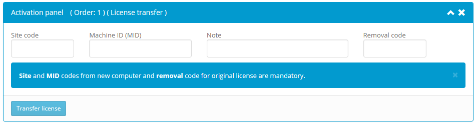 Activation center: Client interface: License transfer