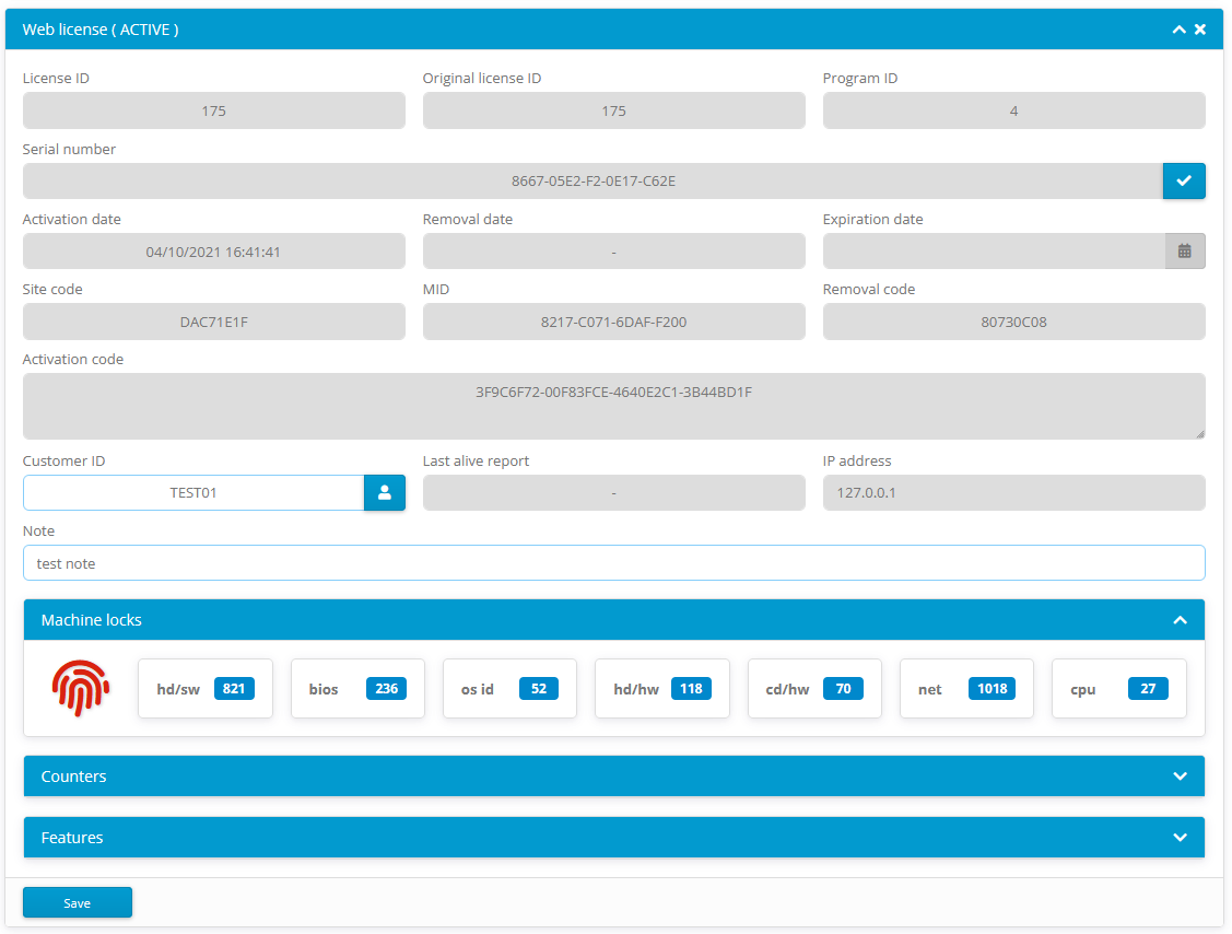 Activation center: Web license details