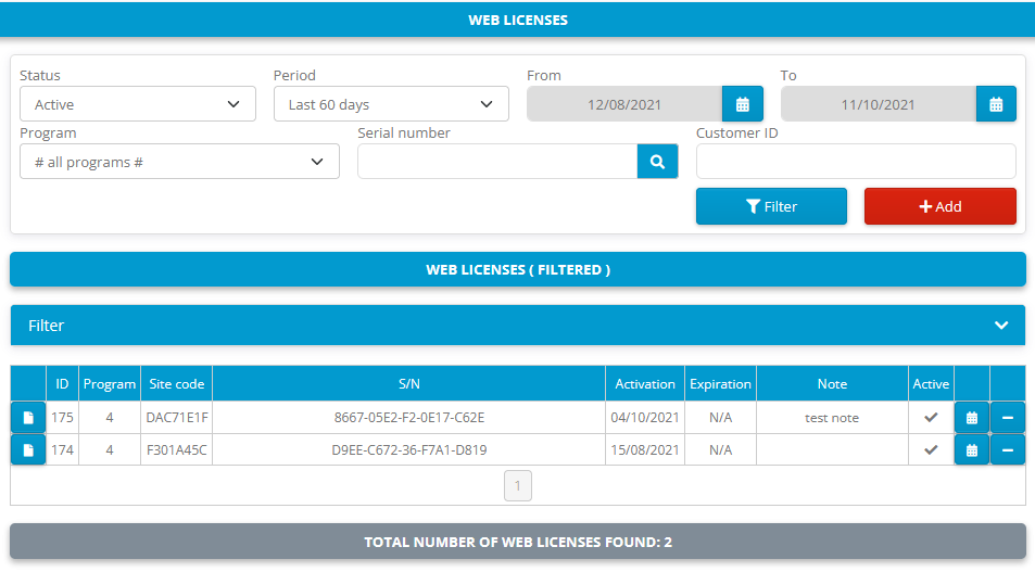 Activation center: Web licenses