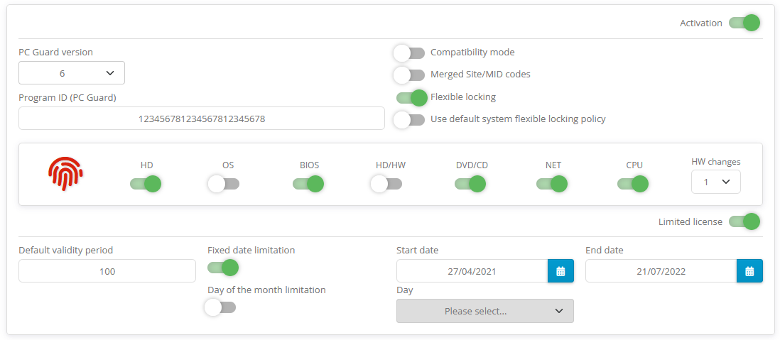 Activation center: Program: Activation settings