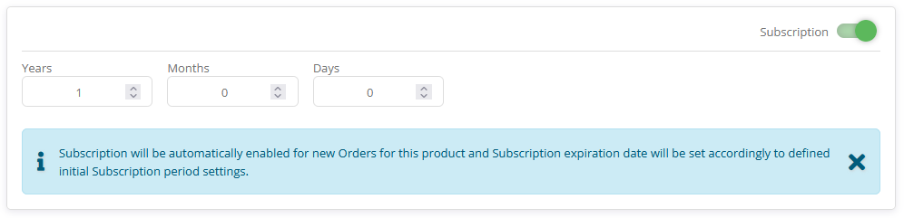 Activation center: Product: Subscription settings
